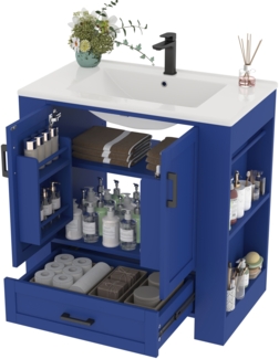 Merax 76 x 46 x 78.5cm Bodenstehender Badezimmerschrank, Waschtisch, mit geräuschlose Schubladen, Regale auf beiden Seiten, integriertes Keramikwaschbecken, blau