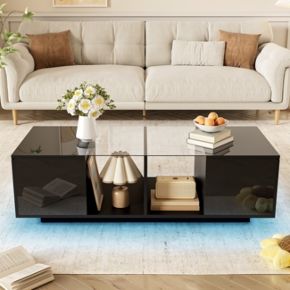 Moderner schwarzer Couchtisch mit LED-Beleuchtung, hochgl?nzender Tischplatte, 120 x 50 x 38,5 cm