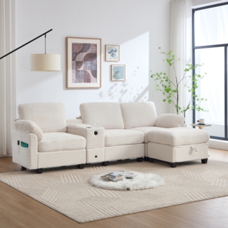 Großes Cordsofa 266cm×136cm×82cm Memory Foam 3-Sitzer mit Stauraumhocker Mittelkonsole USB Wohnzimmer,Beige