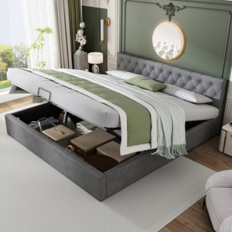 Ulife Polsterbett Grau Stauraumbett Samt-Stoff Funktionsbett Doppelbett mit Bettkasten, mit Bettkasten Samt-Stoff, 180x200 cm