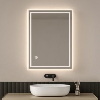 EMKE Badspiegel mit LED Beleuchtung 80x60cm Beschlagfrei 3 Lichtfarben Dimmbar Touchschalter Wandspiegel