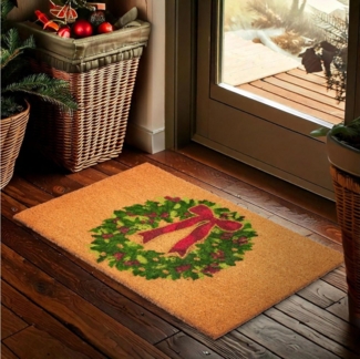 BRUBAKER Fußmatte 45 x 75 cm - Adventskranz mit Schleife - Schmutzfangmatte, Rechteckig, Höhe: 15 mm, Türmatte für Außen und Innen - Wetterfest und Rutschfest