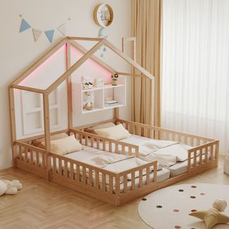 Kinderbett Doppelbett Haus-Design aus Massivholz/MDF mit LED & Ablagen, 204x188x161 cm, Natur, ohne Matratze