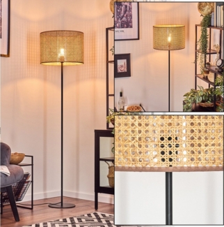hofstein Stehlampe Stehlampe aus Metall/Wiener Geflecht/Rattan in Schwarz/Natur, ohne Leuchtmittel, mit rundem Schirm (40 cm) u. Fußschalter, 1 x E27, ohne Leuchtmittel