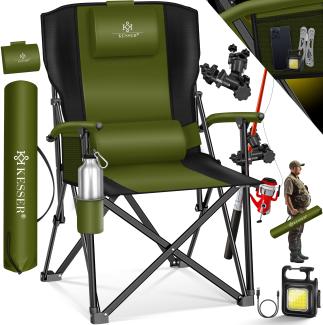 KESSER® Campingstuhl faltbar bis 160 kg | Angelstuhl Faltstuhl Klappstuhl Gepolstert mit Armlehnen | Campinglicht und Getränkehalter + Tasche mit hoher Rückenlehne | Strandstuhl mit Angelhalterung Khaki / Schwarz