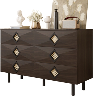 Schminktisch, Eleganter 6-Schubladen-Tisch mit Rattan-Griffen Stauraum stabil, Holz+Rattan, Weiß,