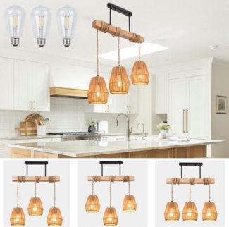 MUPOO Hängeleuchten 3 Köpfe Kronleuchter mit Rattanschirm, Boho Deckenlampe Wohnzimmer, aus Rattan/Holz, mit 3 Leuchtmittel