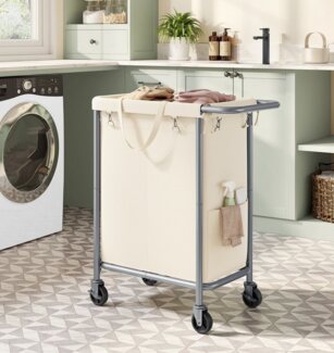 Songmics Wäschekorb mit Rollen, Wäschesammler 2 Fächer, Wäschewagen, 140 Liter, Wäschesack abnehmbar, Stahlrahmen, mit Griff, geräumig, 69 x 39 x 81 cm, cremeweiß