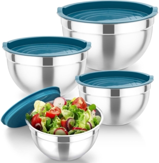 TEAMFAR Edelstahl Rührschüssel mit Deckel 4er Set 4,5/3/1,5/1,2L - Blau