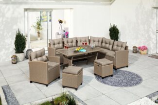 KONIFERA Gartenlounge-Set Keros Premium, (Set, 20-tlg, 2x 2er Sofa, 1x Ecke, 1x Sessel, 2x Hocker, 1x Tisch 145x75x67,5cm), Ecklounge, Polyrattan, Stahl, geeignet für 8 Personen, inkl. Auflagen