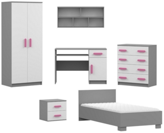 Deine Möbel 24 Jugendzimmer-Set INGE Jugendzimmer Jugendmöbel Kinderzimmer komplett 6-teilig, (Kindermöbel aus Laminatplatte, 6-tlg, Bett, Nachttisch, Schreibtisch, Hängeregal, Kleiderschrank, Kommode), Kinderzimmer Set Weiß Griffe Rosa Blau Grün Grau ...