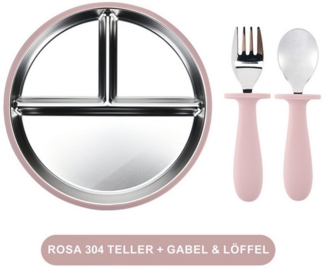 Mutig Kindergeschirr-Set 3 Stück Edelstahl Baby Teller mit Silikon Saugnapf mit Löffeln&Gabeln, 1 Personen, Spülmaschinenfest & BPA Frei mit Unterteilung,Für Kinder geeignet