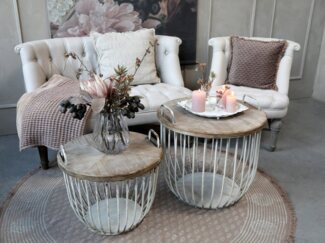 Annimuck Couchtisch Chic Antique Vintage Sofatisch Set creme Eisen massive Holzplatte (2-St)