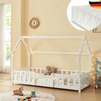 DELUKE® Kinderbett 90x200 cm LULO - Inkl. Matratze Lattenrost Rausfallschutz Einzelbett Hausbett Kinderzimmer Bodenbett Kinder Bett Klein Montessori Bett Weiß