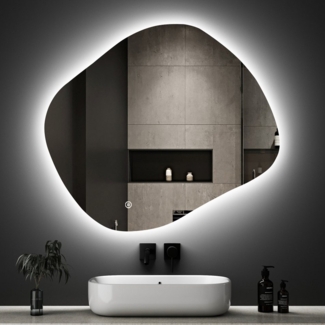 WDWRITTI Wandspiegel mit beleuchtung Badspiegel LED Touch Modern Dreifarbiges Dimmbar (LED Spiegel Bad Schminkspiegel Dekospiegel, Wolke, Wassertropfen, Stein), LED Multifunktionspiegel, Asymmetrisch Spiegel