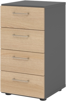 bümö smart Schubladenschrank, Büroschrank in Graphit/Eiche mit 4 Schüben - Bürocontainer aus Holz, Container mit Metallgriffen & Soft-Stop Schubladen, 924S4-G-E-BS