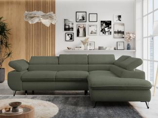 Ecksofa mit Bettfunktion, Modern Sofa, L-form, Einstellbare Kopfstützen, Bettkasten, PETER, 1x Ecksofa, Grün, Boucle, rechts