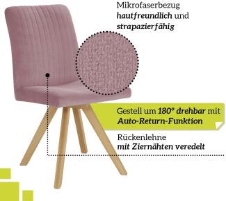 smart 4er Set drehbare Esszimmerstühle - Bezug Mikrofaser rosa, 180° drehbar mit Auto-Return - Massivholz Stuhlbeine - Küchenstuhl, Polsterstuhl mit Schaumstofffüllung