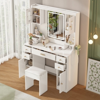 Ulife Schminktisch Kosmetiktisch mit Spiegel, 6 Schubladen und 4 Türen, 105×152×40 cm, mit verstellbaren LED-Beleuchtung und Steckdosen