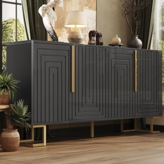 Sideboard, einzigartiges geometrisches Design und goldene Griffe und Füße für ein elegantes Gefühl, Schwarz, 152 x 40 x 75 cm