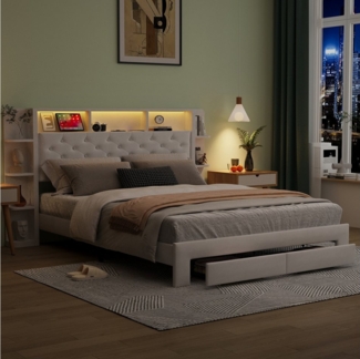 Gdood Polsterbett Stauraumbett Doppelbett it LED und Ladeanschluss (1-tlg, Viel Stauraum: Nachttisch + Schubladen), Mit LED-Beleuchtung, Steckdose & USB & TYPE-C, Samt, 140x200 cm