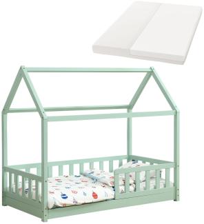 Juskys 'Marli' Kinderbett mit Matratze, Rausfallschutz, Lattenrost & Dach - Massivholz Hausbett für Kinder - Bett in Mint, 80 x 160 cm