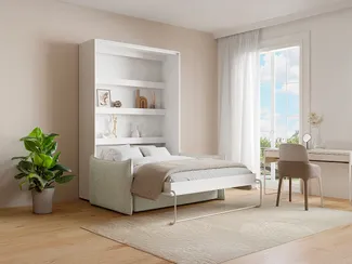 Vente-unique - Schrankbett 140x200 cm - Manuelle vertikale Öffnung - Mit LEDs - Weiß + Sofa - RAPILI