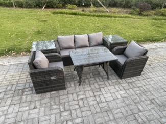 Fimous Hoher Rücken Rattan Gartenmöbel Sets mit Rechteckiger Esstisch Liegestühle 3-Sitzer Sofa 2 Beistelltischen
