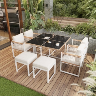 Ulife Gartenlounge-Set Gartenmöbel-Set, 7-teiliges Esstisch- und Stuhlset für 6 Personen, (7-tlg), 4 Sesseln und 2 Fußhocker, 1 Esstisch