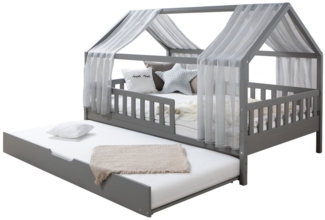 Ticaa Hausbett Kim mit Rausfallschutz und Zusatzbett aus Kiefer, Kinderbett 140x200, inkl. Tüll-Set, mit Rollrost, mit 2 Matratzen