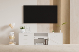 HOMAVO Lowboard TVG1-S mit 3 Schubladen & Schiebetür, 160 cm, FSC® zertifiziert, ohne Füße, Schiebetür mit Dekorleiste