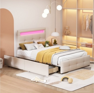 Odikalo Stauraumbett Polsterbett Kinderbett 16LED 2 Schubladen Beige/Grau/Rosa 90/140*200cm