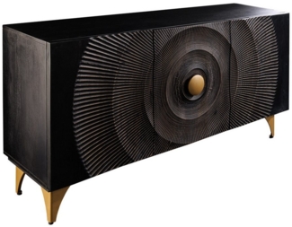 riess-ambiente Sideboard GOLDEN SUNSET 140cm schwarz / gold - 3D Schnitzereien, Mangoholz (Einzelartikel, 1 St), handgefertigte Kommode mit Metallbeinen - ideal für Wohnzimmer & Flur