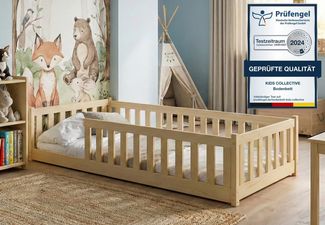 Kids Collective Kinderbett Bodenbett Bett mit Rausfallschutz & Lattenrost Montessori Bett Kinder (Jungen, Mädchen, Kinder, weitere Größen 80x160, 90x190, 90x200, 120x200, 140x200 cm), Jugendbett Gitterbett Einzelbett mit Matratze, Natur 80x180 cm