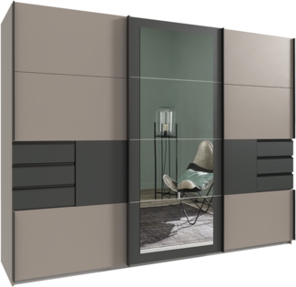Schwebetürenschrank Kleiderschrank 270 cm 3-türig Schubladen Spiegel Sand Grau Grafit