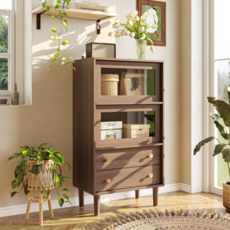 FUFU&GAGA Stauraumvitrine Vitrine mit Klapptüren, Walnussfarbe, MDF+Glas, 60x35x110cm