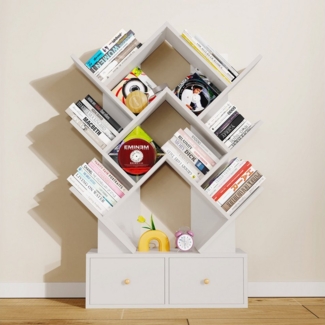 JEOBEST Bücherregal Standregal Raumteiler mit 2 Schublade, 1-tlg, Baumform Standregal 6 Ebenen, Eckregal, Stabil Einfache Montage