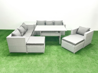 Fimous 8 Stücke Rattan Garten Sofa Set mit Kissen Terrassen Gartenmöbel Sets mit Sessel Esstisch Beistelltisch 2 Großer Hockern