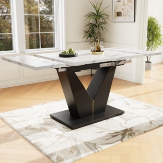 OKWISH Esstisch Langer Tisch,Moderne Esstisch,Esstisch-Set (Ausziehbarer Teleskop-Esstisch (99-159x75cm) mit Marmor-Optik, V-förmiger Stützstruktur, 1-St)