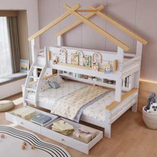 Etagenbett mit 2 Liegeflächen und Stauraum, (90x200cm/120x200cm, mit Schubladen und Regal), Kinderbett mit Rausfallschutz, Hausbett, Kiefer