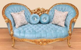 Casa Padrino Barock Sofa Hellblau / Gold - Handgefertigtes Wohnzimmer Sofa im Barockstil - Prunkvolle Barock Wohnzimmer Möbel