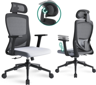 Bürostuhl Ergonomisch mit Lendenwirbelstütze 2D-Kopfstütze Armlehne, Grau