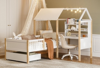 LVHOM Hausbett 90x200,Schreibtisch,Schubladen mit Rollen,Rausfallschutz & Lattenrost (Spar-Set, L-förmig, Schreibtisch, Bücherregal, 1 Schubladen, Naturholz), Multifunktionales Hausbett aus Massivholz in Weiß