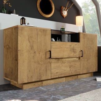 Flieks Kommode Mehrzweckschrank mit Schubladen und verstellbaren Einlegeböden (H70/B140/T40 cm, 1 St), Sideboard mit Glas-Arbeitsplatte Eichenoptik Holzschrank Wohnzimmer