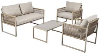 IDEASY Gartenlounge-Set 4er-Set, Inkl. 4 Sitzkissen, Modernes Gartenmöbel-Set, (Verzinkter Eisenrahmen), Khakifarbenes Seil, Verstellbare Füße, Glatte Glasplatte