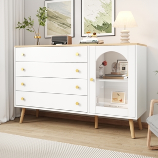 Merax 120cm Schubladenkommode weiß 4 breite Schubladen Schubladenkommode geeignet für Esszimmer, Küche, Wohnzimmer