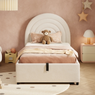 Merax Polsterbett 90*200, Kinderbett,Einzelbett, Jugendbett mit Lattenrost und Kopfteil, für Erwachsene und Jugendliche geeignet, Holzlatten, einfache Montage, Boucle, Beige