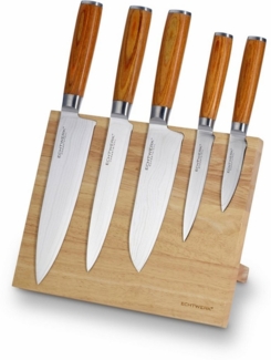 ECHTWERK EW-DM-0377-2 Damaszener Messer Set 6tlg, Griffe natur, inkl. Magnet-Messerblock / Damastmesser