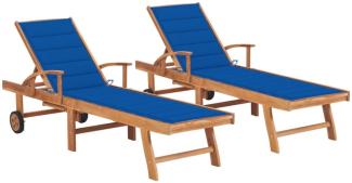 vidaXL Sonnenliegen 2 Stk. mit Auflagen Königsblau Massivholz Teak 3073196