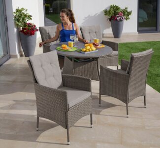 KONIFERA Garten-Essgruppe Mailand, (Set, 13-tlg, 4 Sessel, Tisch Ø 100 cm, inkl. Auflagen), Polyrattan, Stahl, Braun, Tischplatte aus Sicherheitsglas